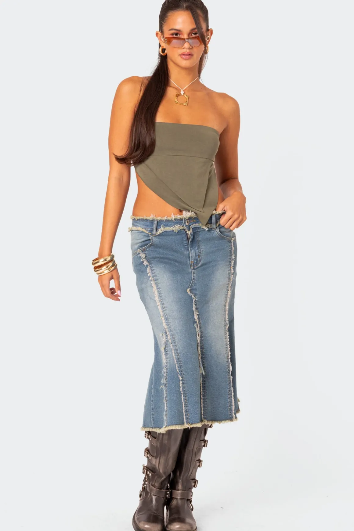 Arabella Distressed Denim Midi Skirt