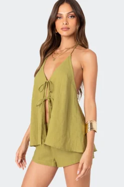 Arden Linen Look Tie Front Top