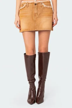Ariah Distressed Hem Washed Denim Mini Skirt