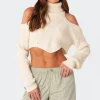 Asymmetric Cropped Open Shoulder Turtle Neck Sweater