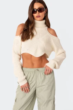 Asymmetric Cropped Open Shoulder Turtle Neck Sweater