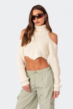 Asymmetric Cropped Open Shoulder Turtle Neck Sweater