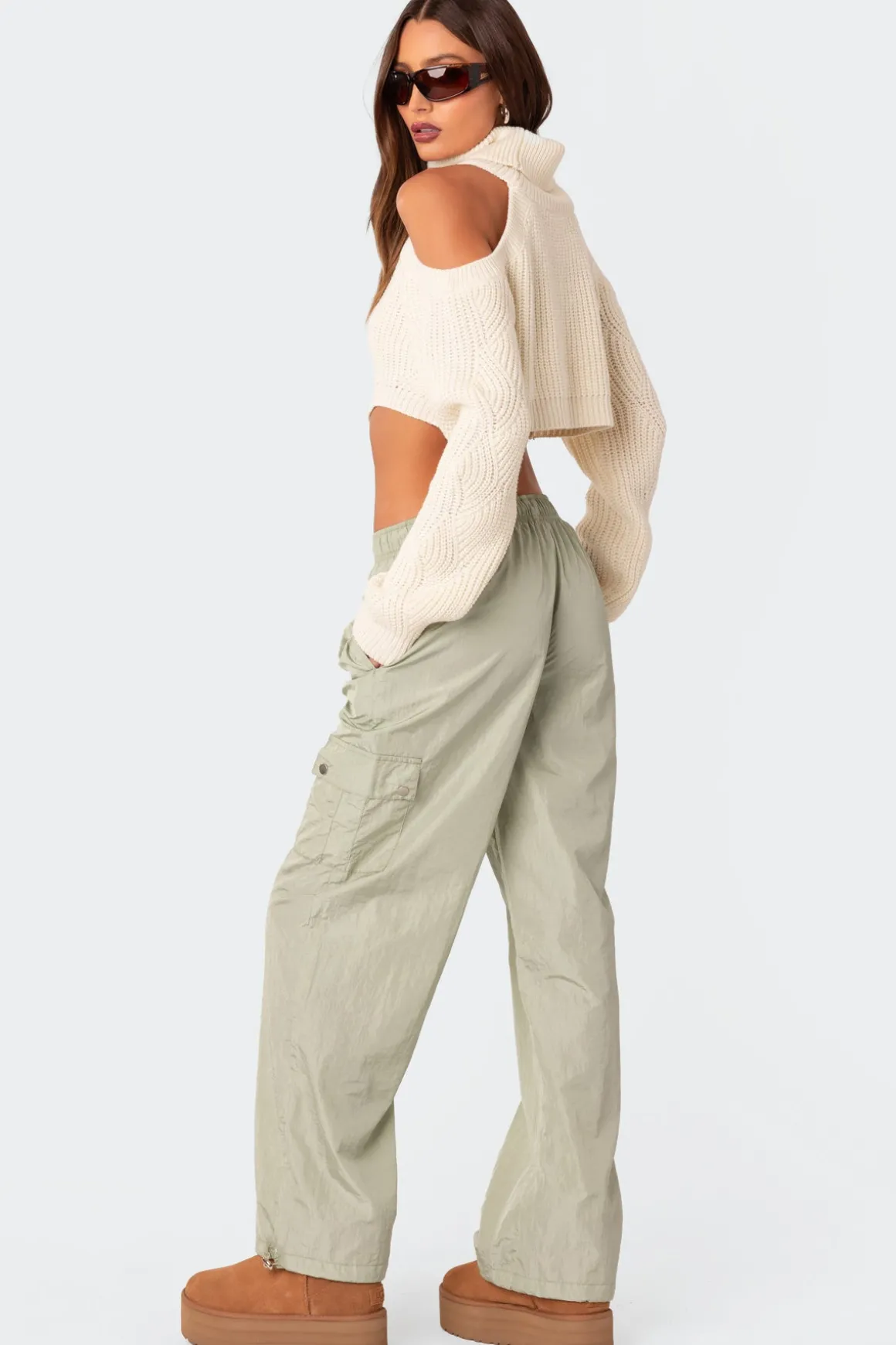 Asymmetric Cropped Open Shoulder Turtle Neck Sweater