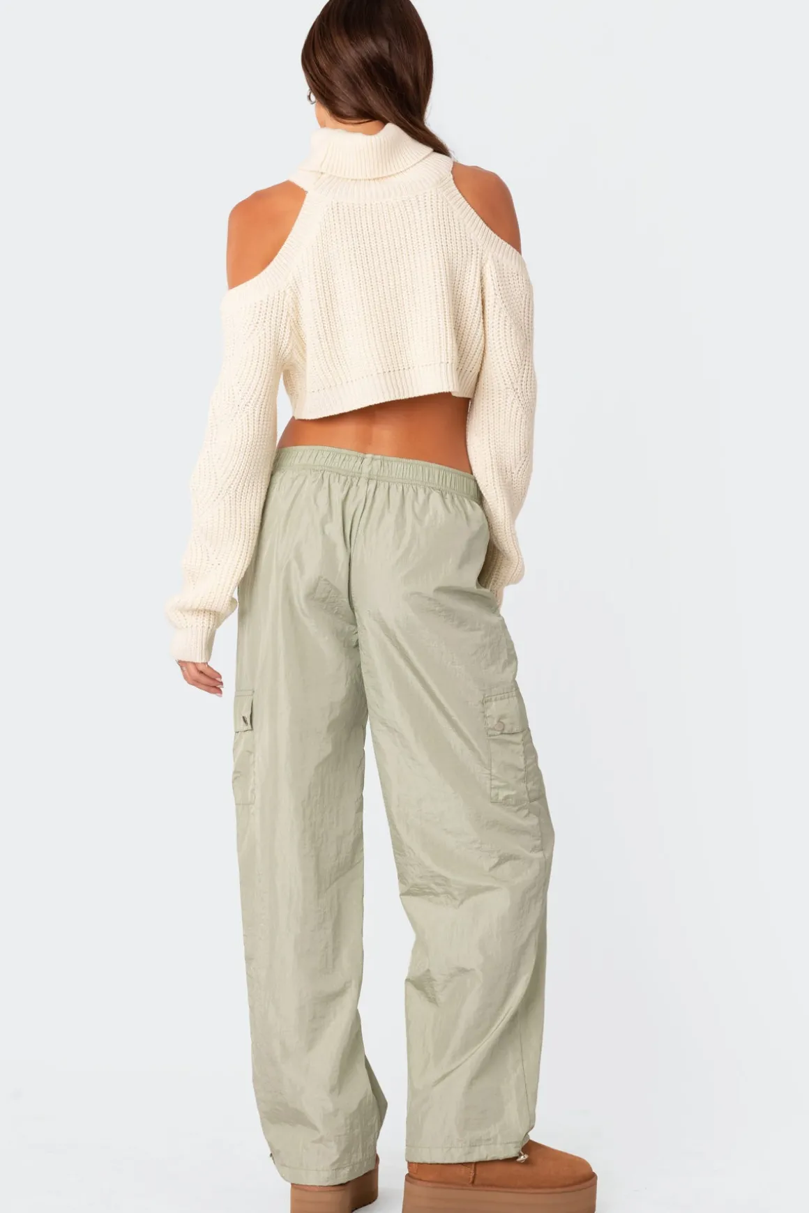 Asymmetric Cropped Open Shoulder Turtle Neck Sweater