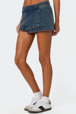 Asymmetric Denim Wrap Skort