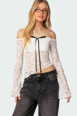 Asymmetric Sheer Lace Off Shoulder Top