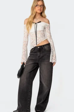 Asymmetric Sheer Lace Off Shoulder Top
