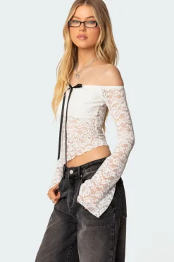 Asymmetric Sheer Lace Off Shoulder Top