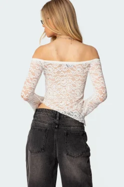 Asymmetric Sheer Lace Off Shoulder Top