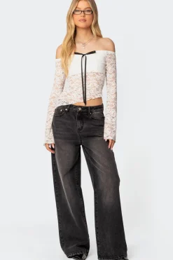 Asymmetric Sheer Lace Off Shoulder Top
