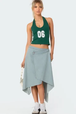 Asymmetric Wrapped Denim Midi Skirt