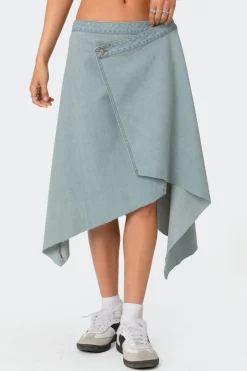 Asymmetric Wrapped Denim Midi Skirt