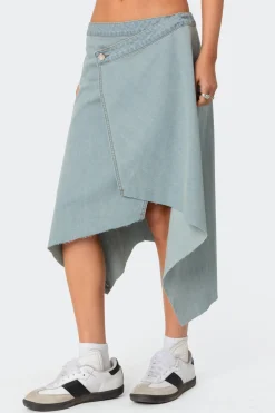 Asymmetric Wrapped Denim Midi Skirt