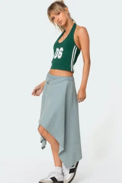Asymmetric Wrapped Denim Midi Skirt