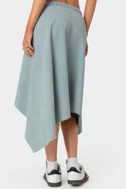 Asymmetric Wrapped Denim Midi Skirt