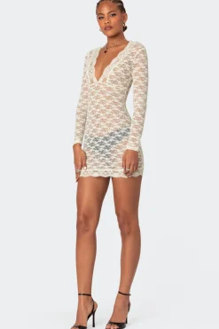 Beck Plunge Neck Sheer Lace Mini Dress