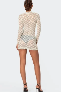 Beck Plunge Neck Sheer Lace Mini Dress