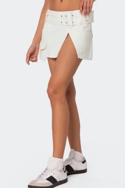Belted Denim Wrap Mini Skirt