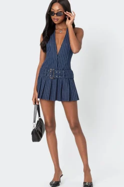 Belted Pinstripe Denim Mini Dress
