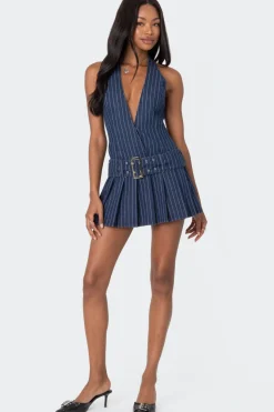 Belted Pinstripe Denim Mini Dress
