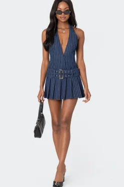 Belted Pinstripe Denim Mini Dress