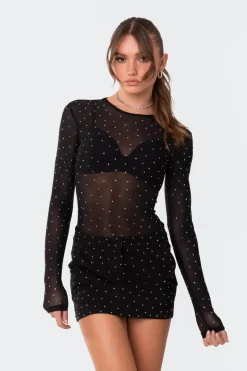 Bling Rhinestone Sheer Mesh Bodysuit