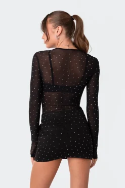 Bling Rhinestone Sheer Mesh Bodysuit