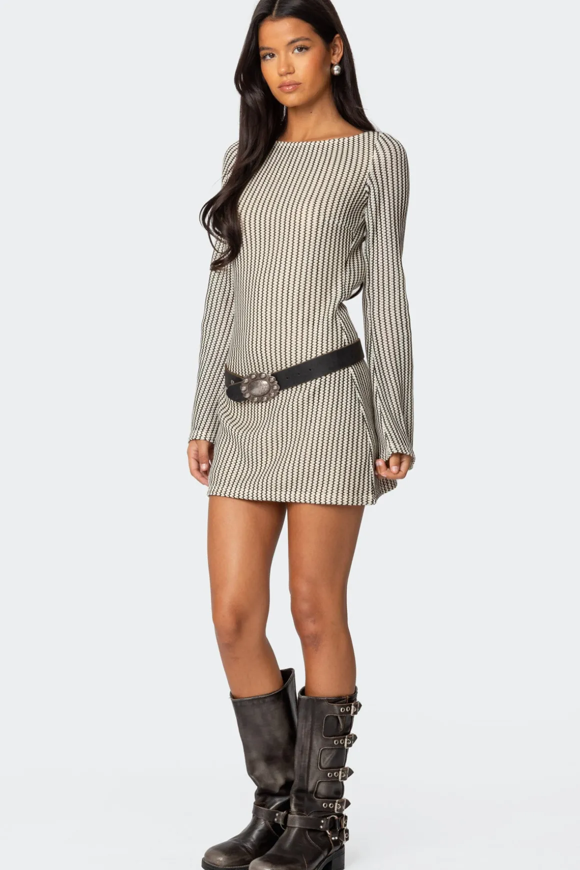 Boat Neck Crochet Mini Dress