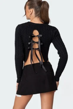 Bow Back Cropped Cable Knit Sweater