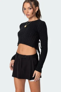 Bow Back Cropped Cable Knit Sweater