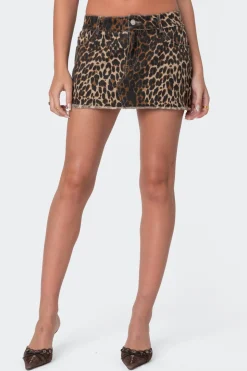 Bow Pocket Leopard Printed Denim Mini Skirt