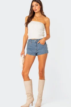 Bow Pocket Washed Denim Shorts