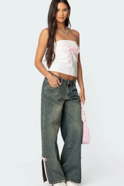 Bow Slitted Vintage Washed Jeans