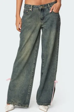 Bow Slitted Vintage Washed Jeans