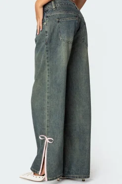 Bow Slitted Vintage Washed Jeans