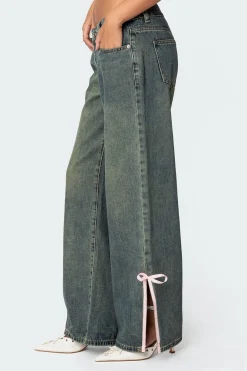 Bow Slitted Vintage Washed Jeans