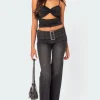 Buckle Belt Washed Flared Jeans