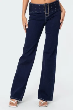 Buckle Belt Washed Flared Jeans