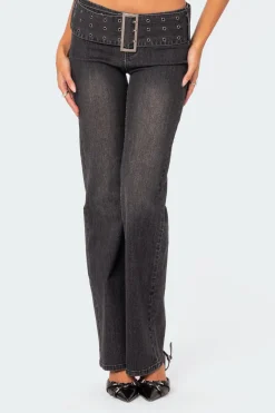 Buckle Belt Washed Flared Jeans