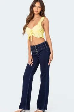 Buckle Belt Washed Flared Jeans