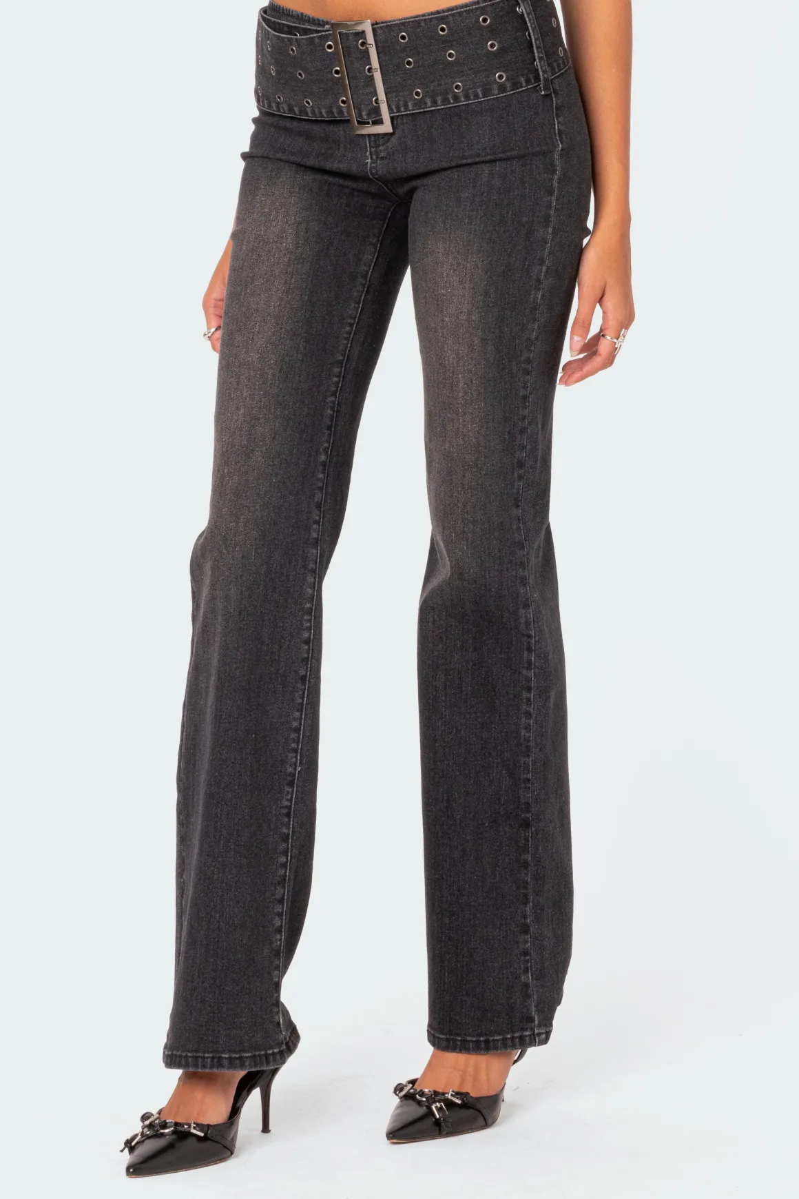 Buckle Belt Washed Flared Jeans