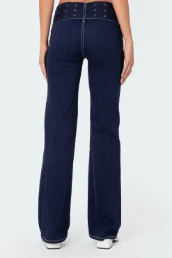 Buckle Belt Washed Flared Jeans