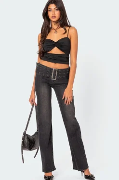Buckle Belt Washed Flared Jeans