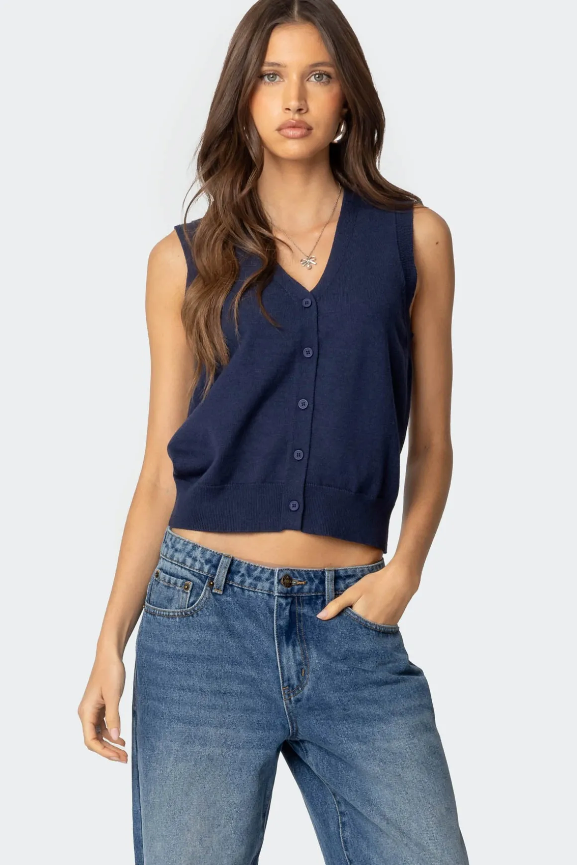Cam Button Up Knit Vest Top