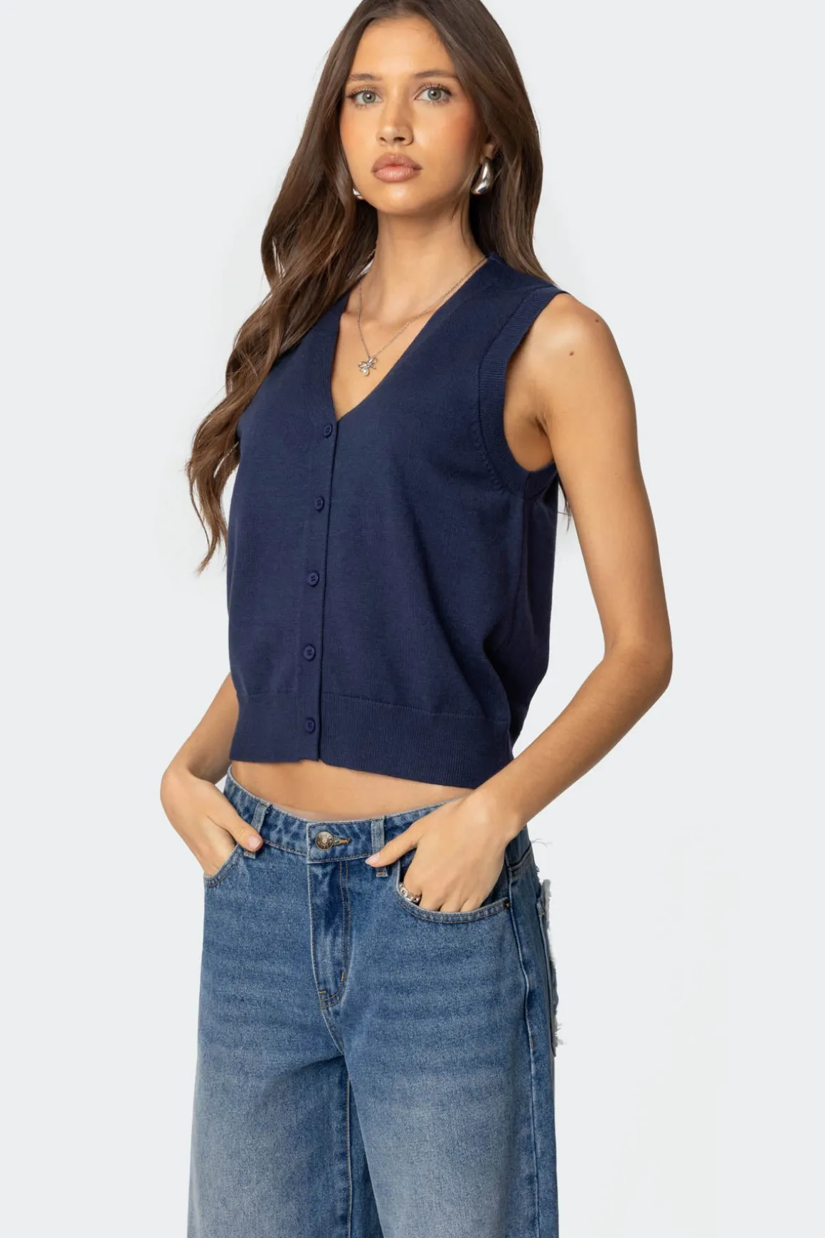 Cam Button Up Knit Vest Top