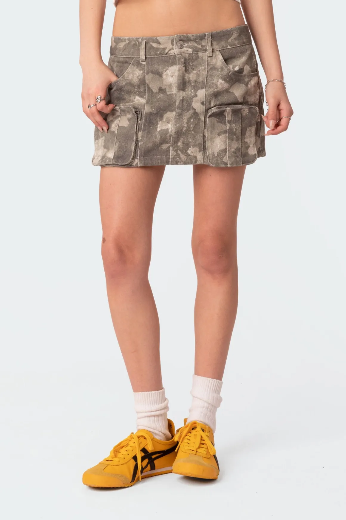 Camo Low Rise Denim Cargo Mini Skirt