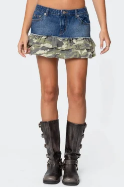 Camo Ruffle Denim Mini Skirt