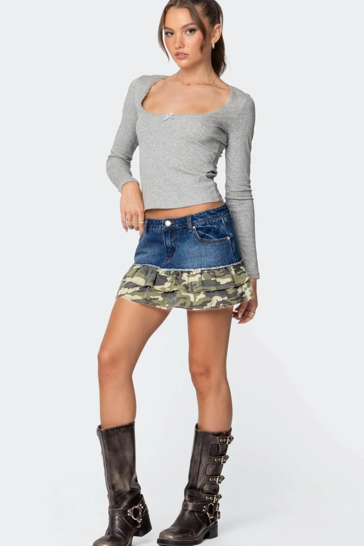 Camo Ruffle Denim Mini Skirt