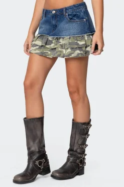 Camo Ruffle Denim Mini Skirt