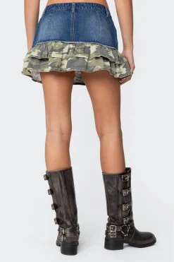 Camo Ruffle Denim Mini Skirt